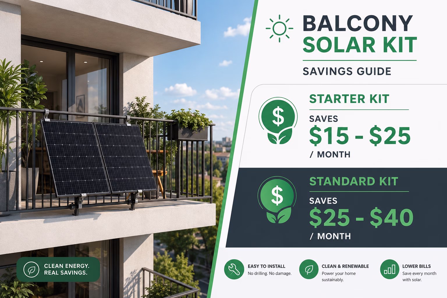 Infographic showing apartment balcony solar savings tiers from 15 to 40 dollars per month